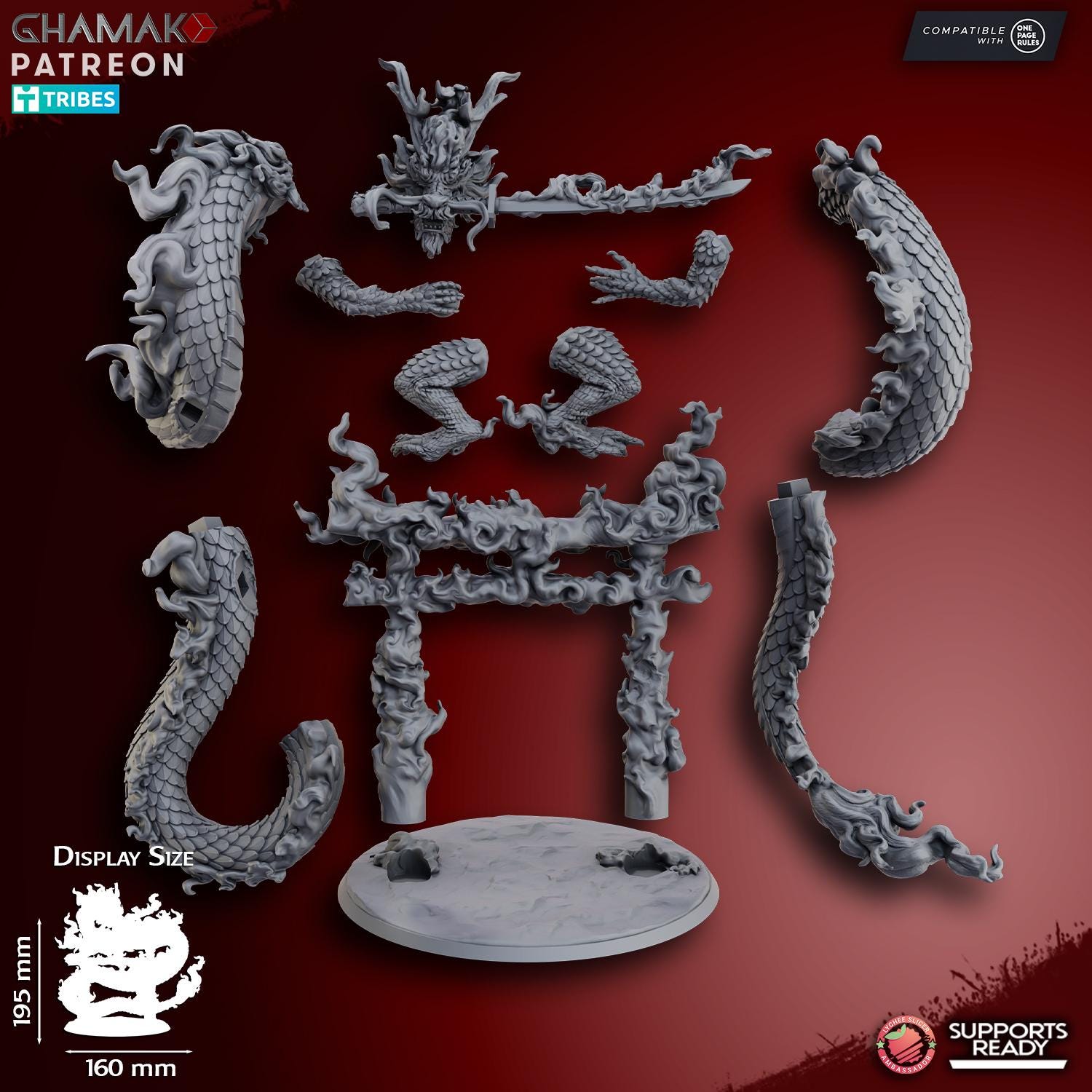 Fire Dragon by Ghamak Heroic 28mm Scale Miniature, 120-195mm tall, Dragon, Proxy, Fantasy, Dragon, Display, Chinese Dragon