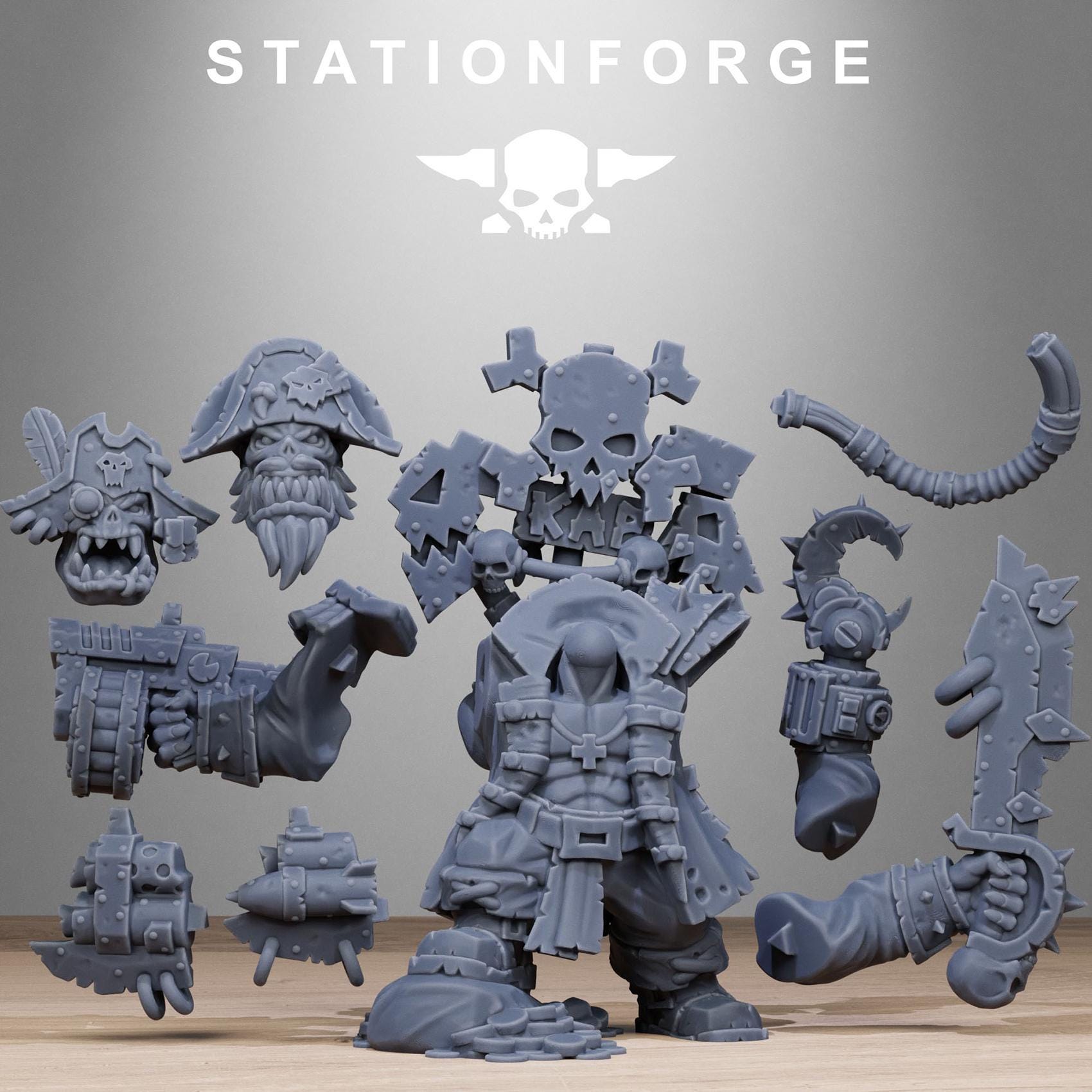 Orkaz Pirate by Station Forge 28mm Heroic Scale Miniature, 50mm tall, Proxy, Grimdark, Sci-Fi, OPR, Ork, Orc