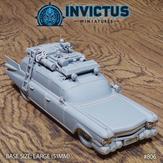 Wraith Hunter's Car by Invictus Miniatures 32mm scale, 100mm, Miniature War Gaming Figure, Games, Ghost Busters, Ecto One, 80s, Movies
