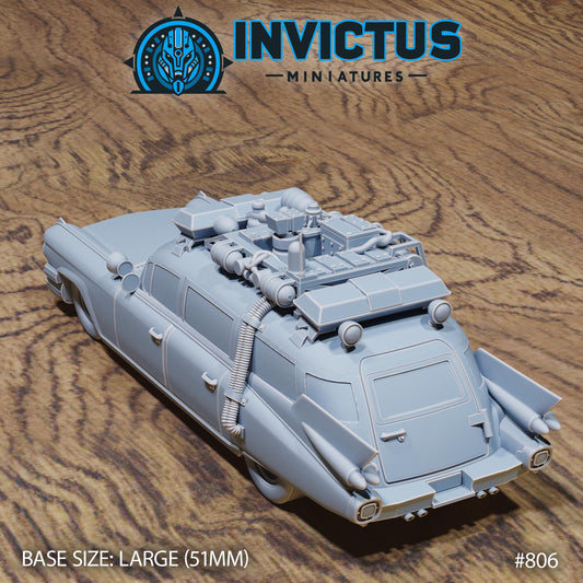 Wraith Hunter's Car by Invictus Miniatures 32mm scale, 100mm, Miniature War Gaming Figure, Games, Ghost Busters, Ecto One, 80s, Movies