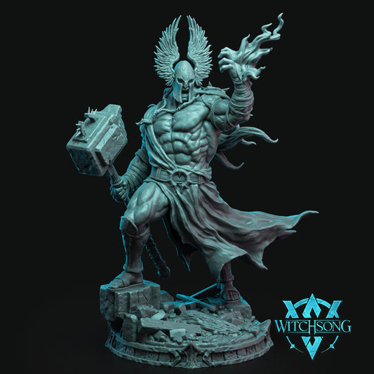 Judge, Maker of Fates by Witchsong Miniatures – winged celestial hero with stone hammer and radiant flame, 162 mm tall