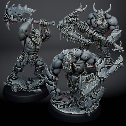 Orc Destroyers by Ratman Forge – squad of 3 masked orc brutes with huge great-weapons on scenic bases