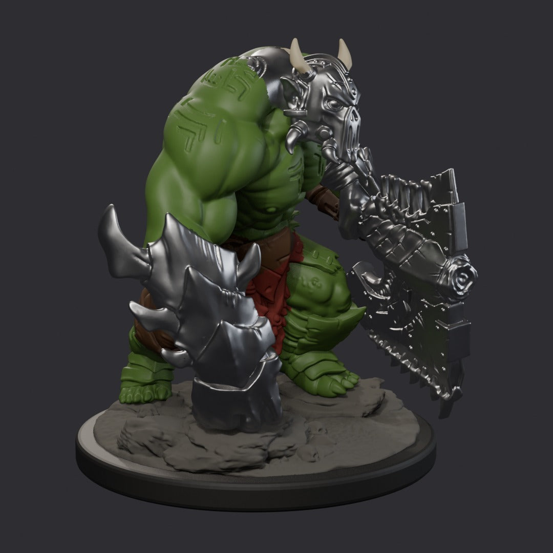 Orc Destroyers by Ratman Forge – painted render, crouching orc with spiked blade and chain-cleaver (about 43mm)