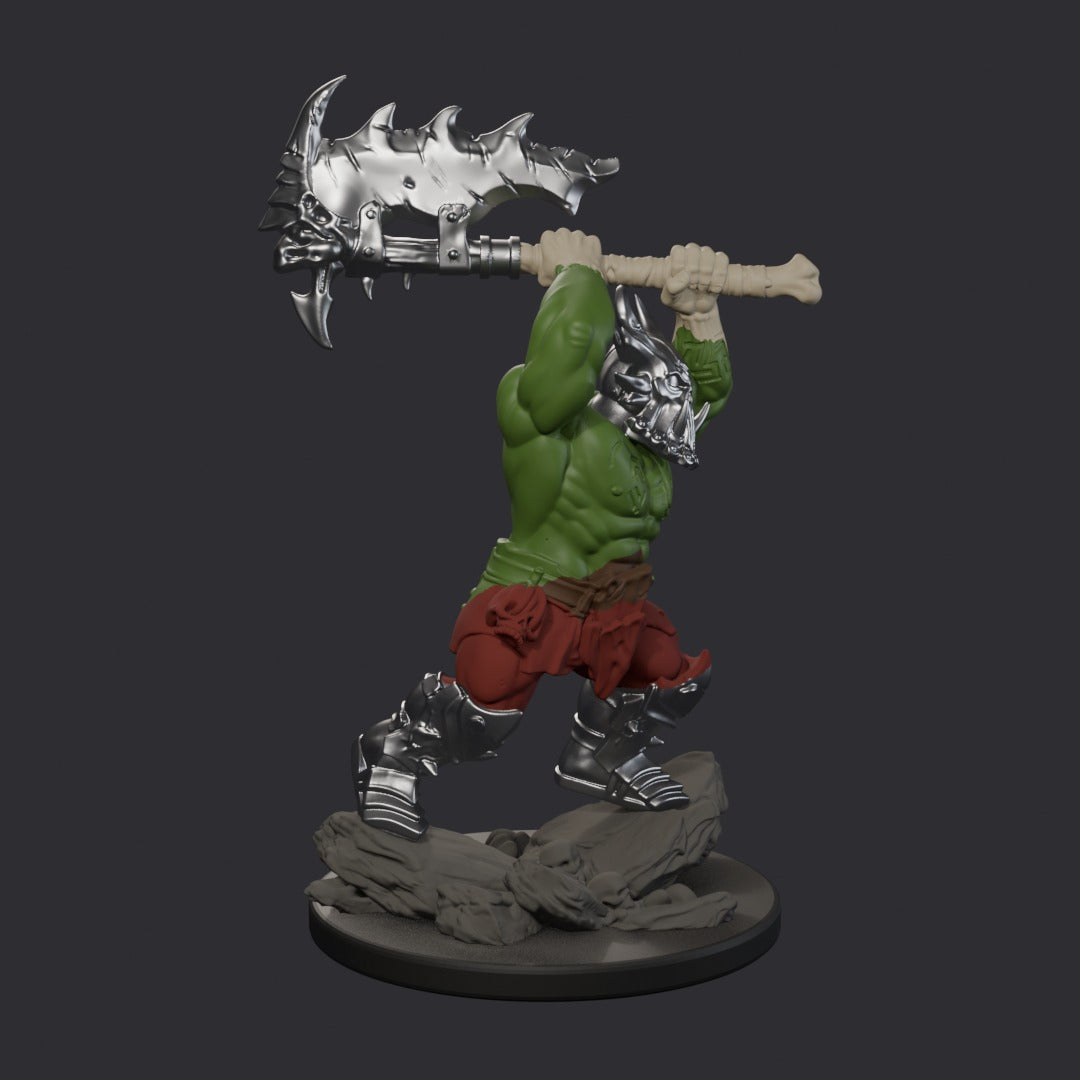 Orc Destroyers by Ratman Forge – painted render, orc with great-axe raised overhead (about 68mm)