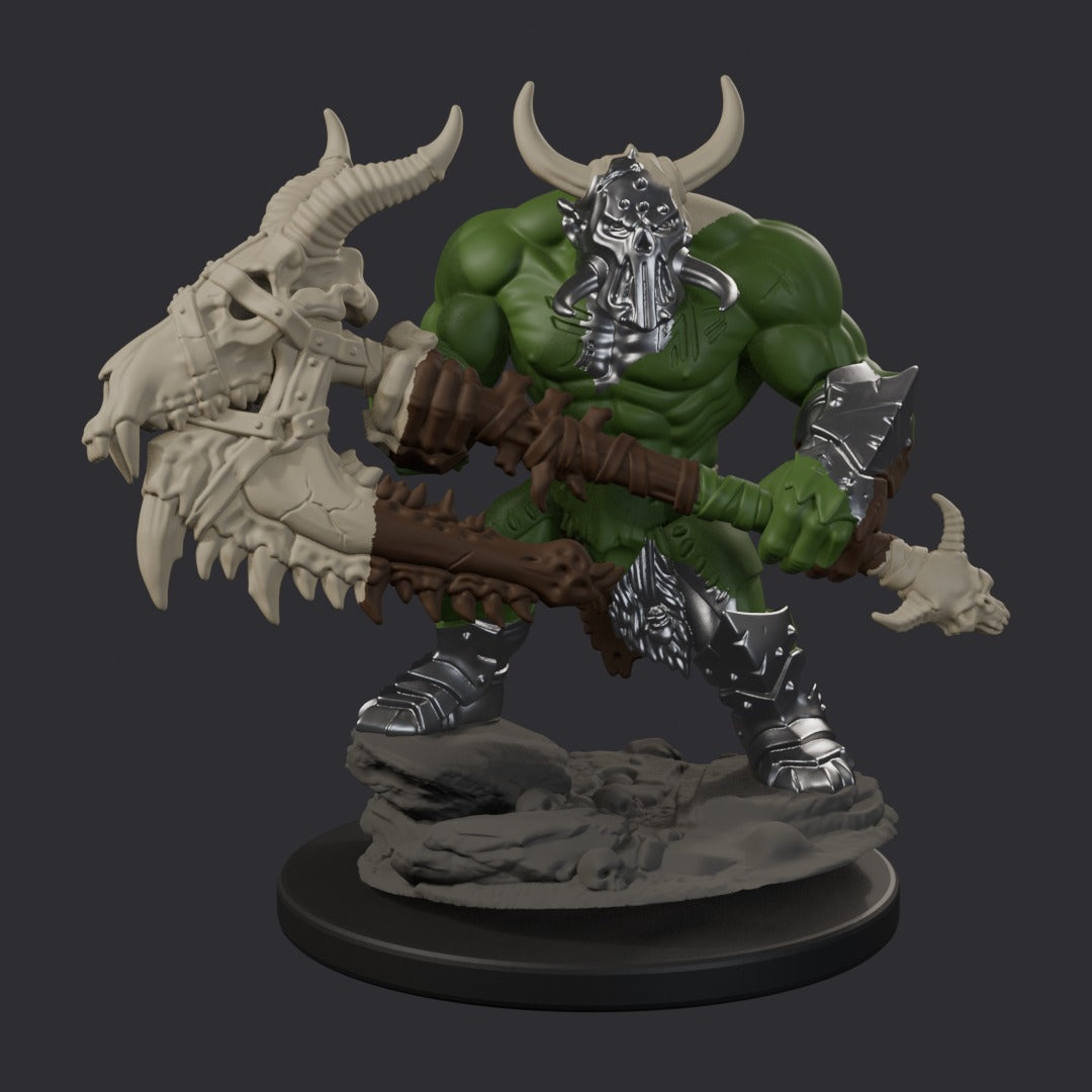 Orc Destroyers by Ratman Forge – painted render, horned orc with beast-skull axe (about 50mm)