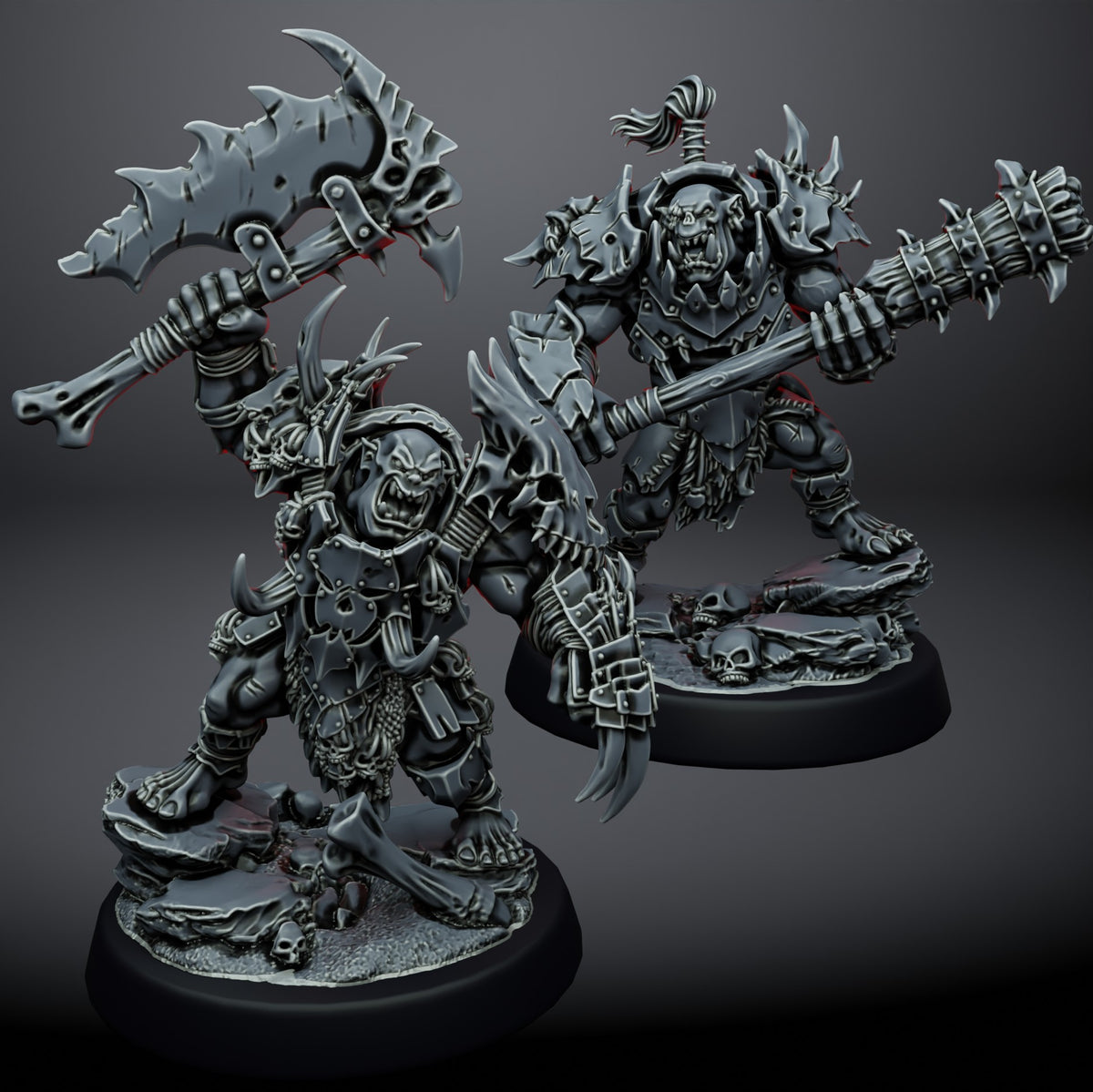 Orcs Bruisers by Ratman Forge – beast-skull champion with claw gauntlet and spiked-club bruiser on their base toppers