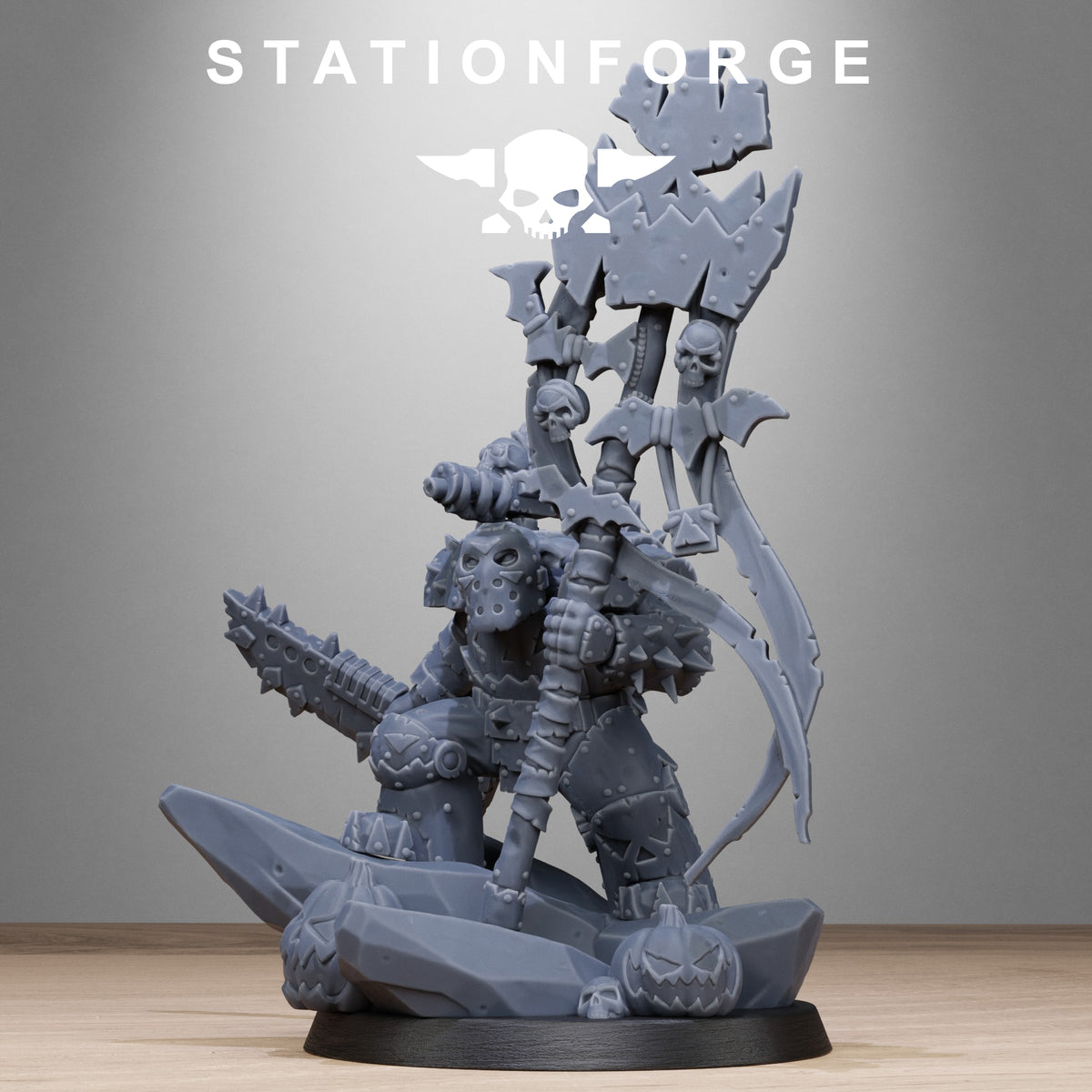 Orkaz Boo Basher by Station Forge – low front angle with mask, chainsword and totem pole