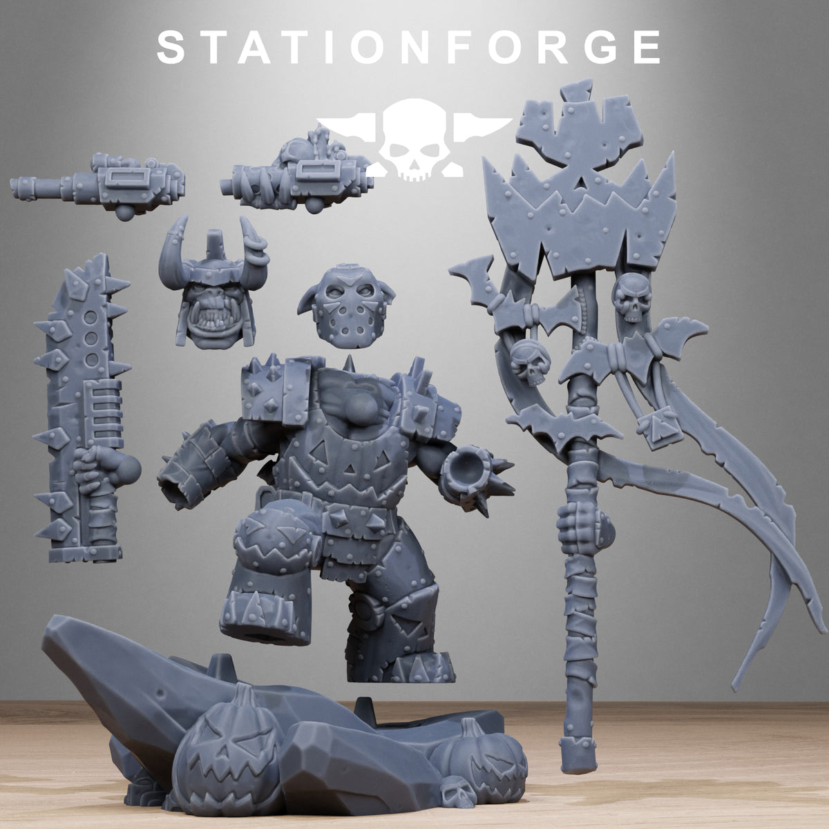 Orkaz Boo Basher by Station Forge – parts layout: body, two head options, two guns, chainsword hand, totem pole and pumpkin rock base topper