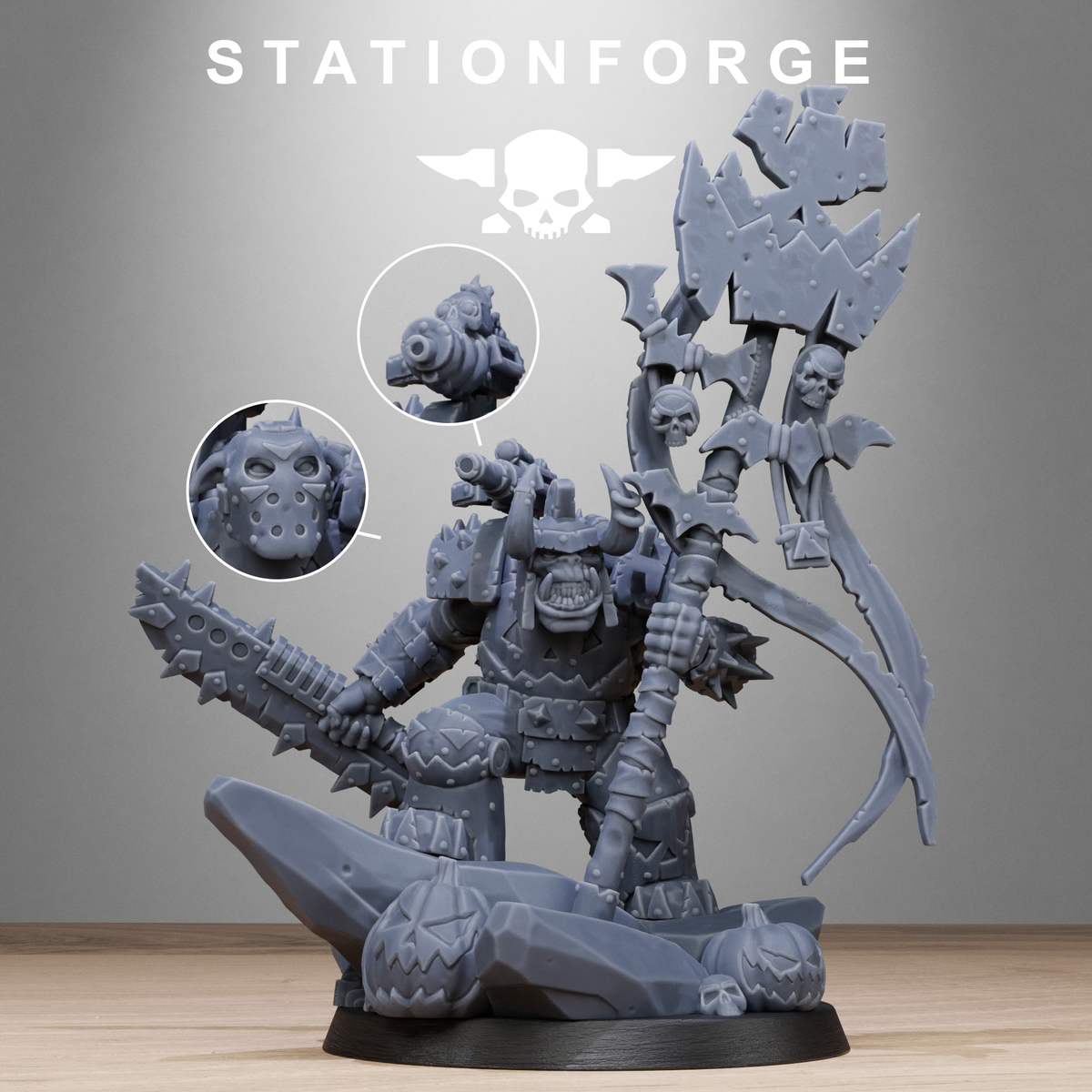 Orkaz Boo Basher by Station Forge – close-up insets of the masked head and back-mounted gun