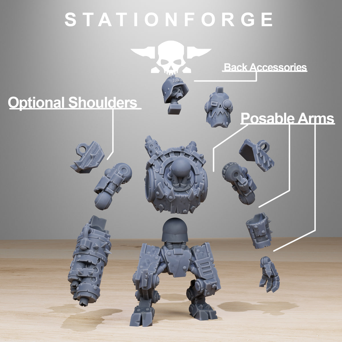 Orkaz Bots Infantry by Station Forge – exploded parts view: back accessories, optional shoulders and posable arms
