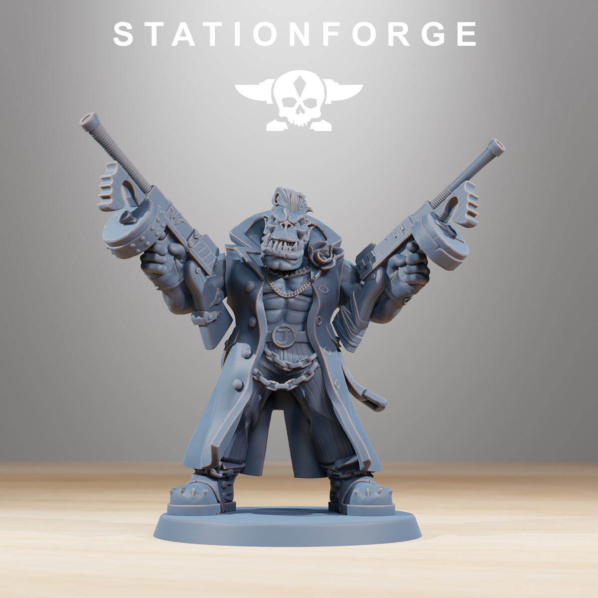 Orkaz Mobsta by Station Forge – ork mob boss in a trench coat with two drum-fed tommy guns