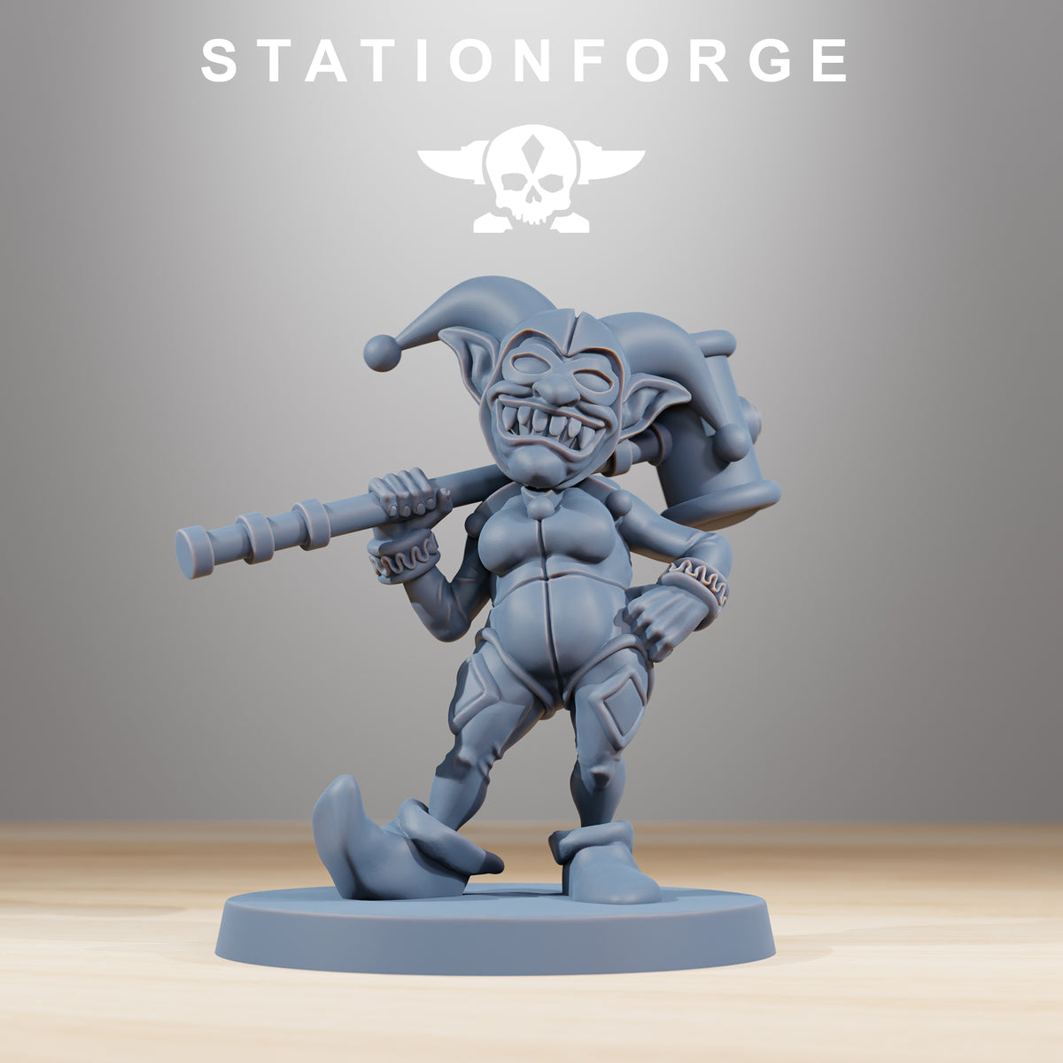 Orkaz Mobsta by Station Forge – goblin moll in a jester hat with a big mallet