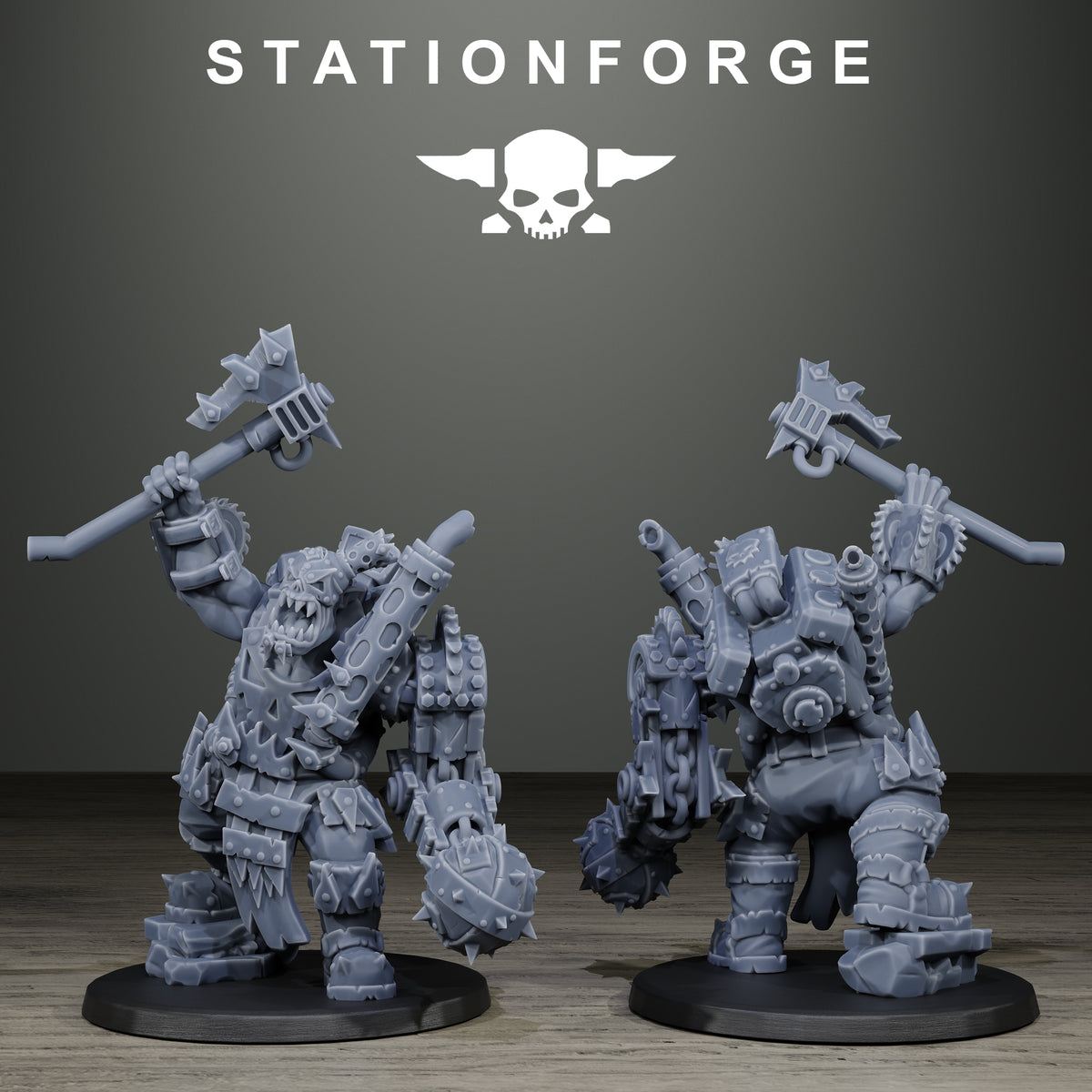 Orkaz Scrappers by Station Forge – big ork with axe and spiked mace, front and back
