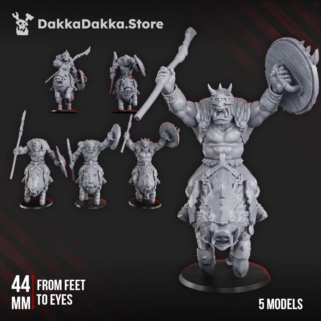 Porkaz Riderz by DakkaDakka – squad of 5 ork boyz on battle hogs, 44 mm feet to eyes