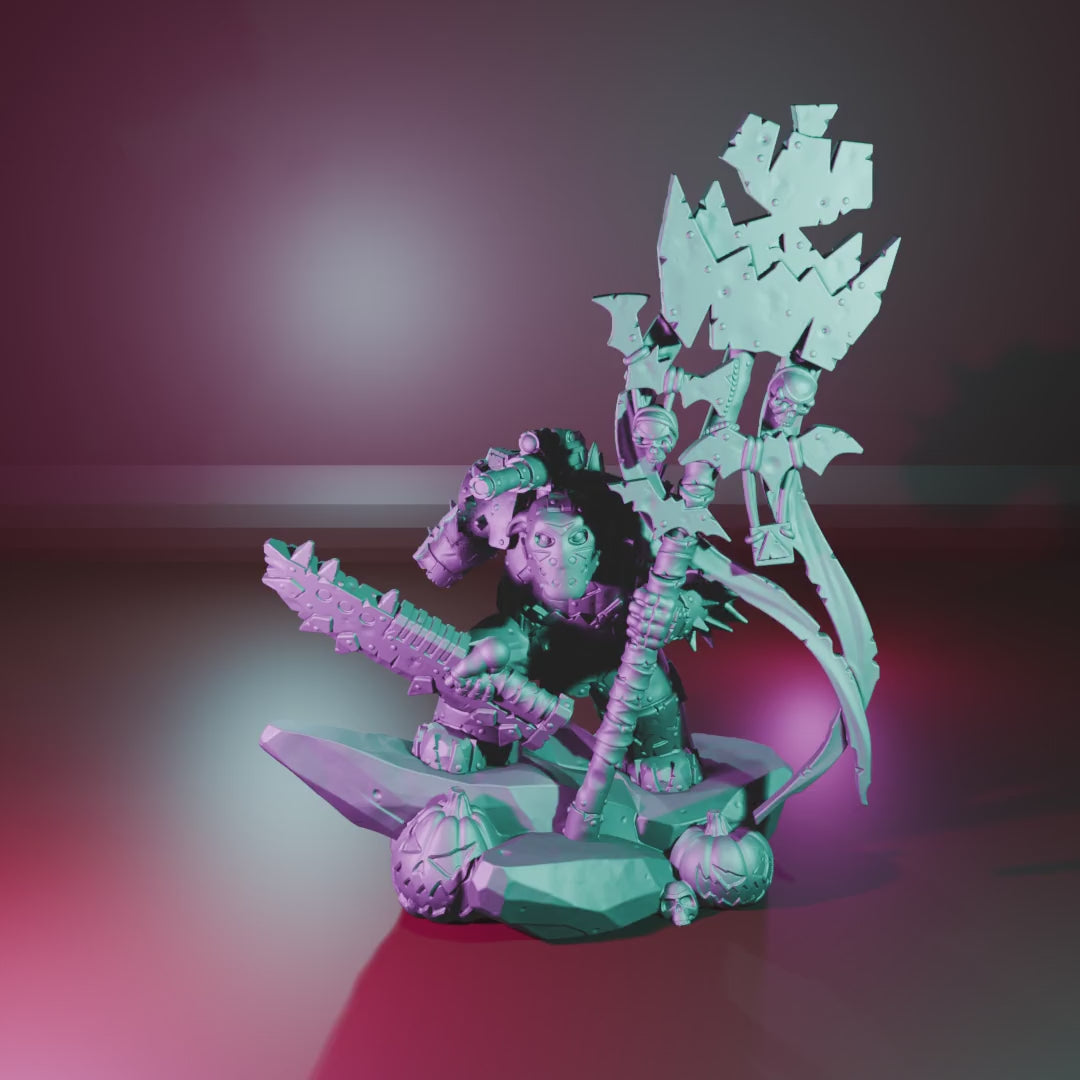 Orkaz Boo Basher by Station Forge turntable video – hockey-style mask head, back gun, chainsword and totem pole on the pumpkin base topper