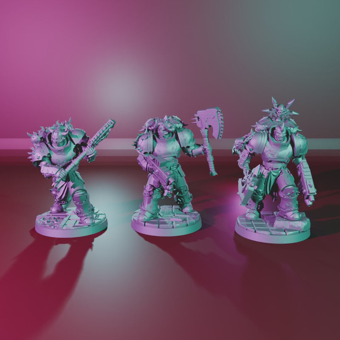 Traitor Militum Melee – 360° turntable, three assembled warriors on bases