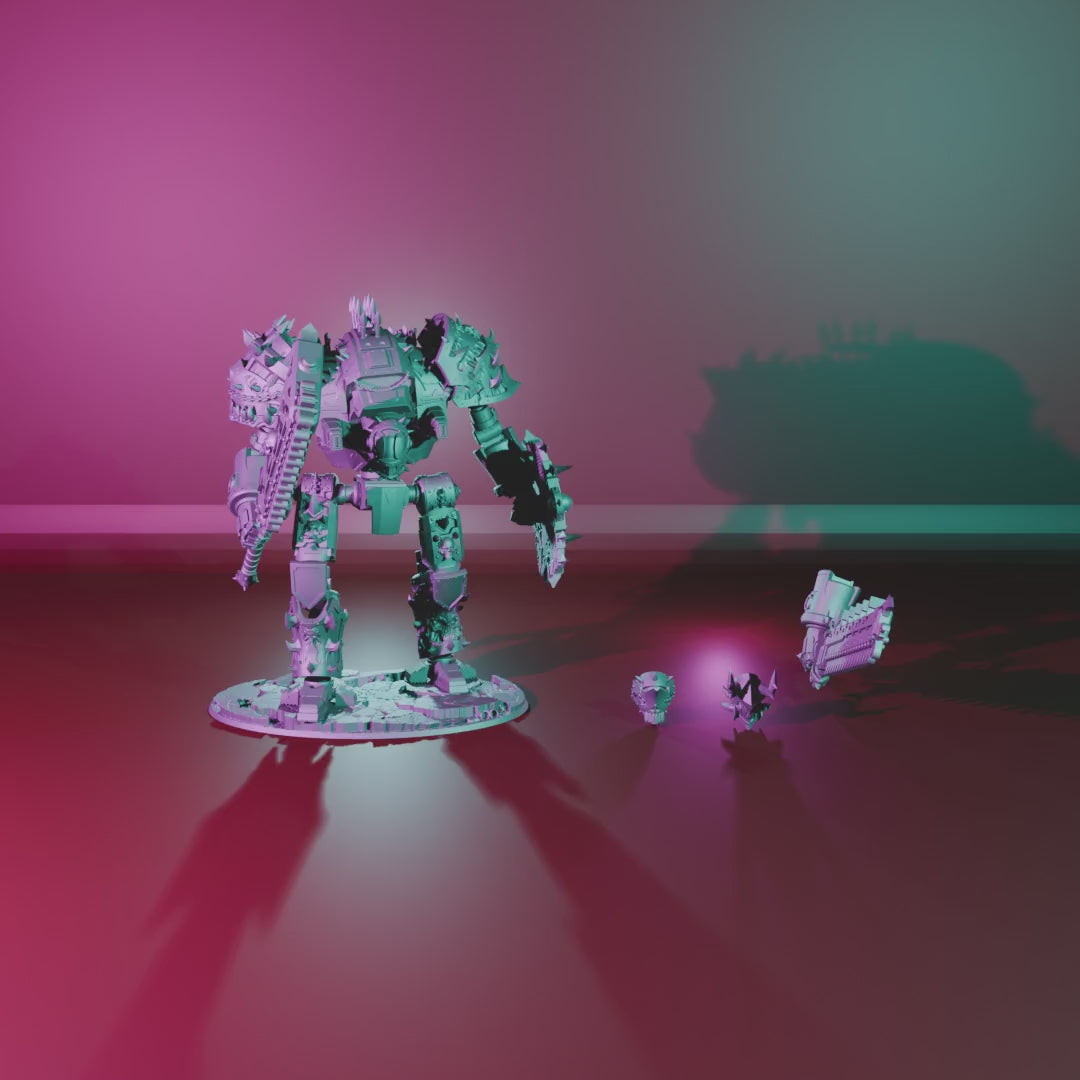Impaler Titan – 360° turntable, assembled titan on base, with alternate heads and sword alongside