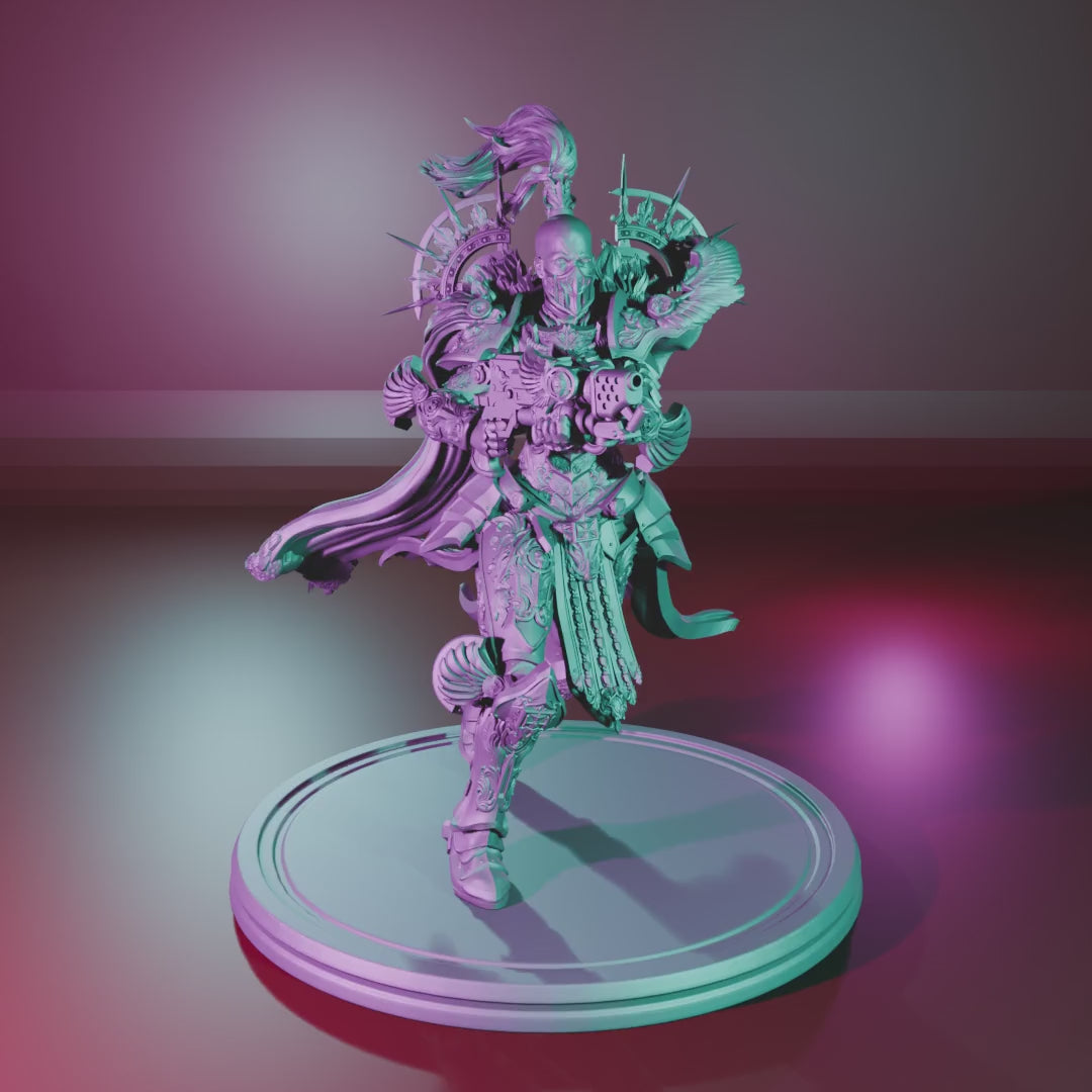 Angry Paladin by 3DArtGuy turntable video – helmeted flamer pose with cape on platform