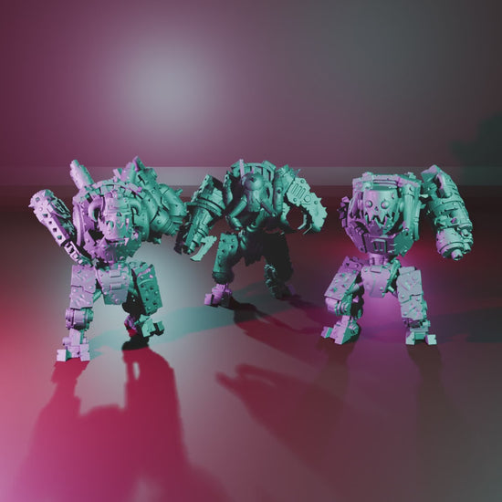 Orkaz Bots Infantry by Station Forge turntable video – three scrap-built ork robots with drill, saws, claw and big guns