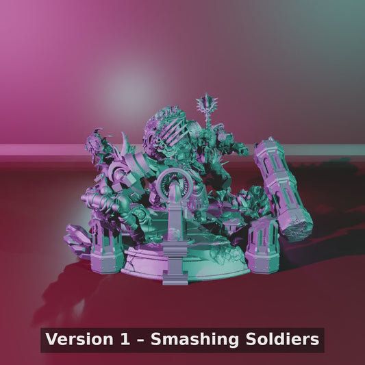 Lord of War diorama by 3DArtGuy turntable: Version 1 – Smashing Soldiers, then Version 2 – Fallen Angel, 50mm on the sculpted scenic base