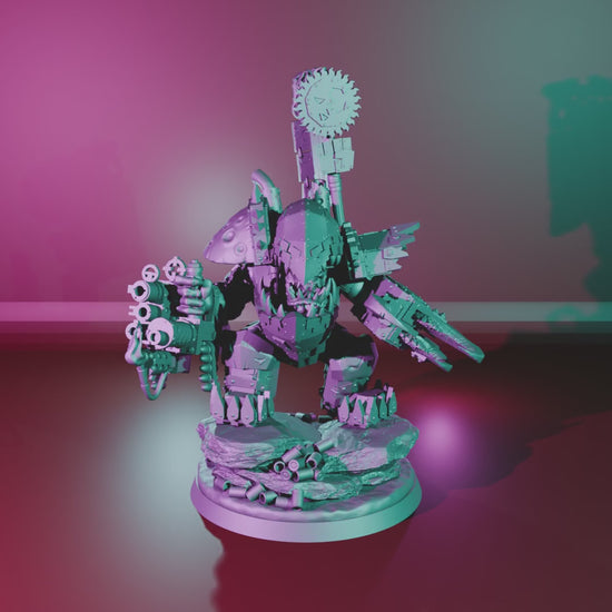 Big Boss in Mega Armour by Mekka Miniatures turntable: klaw, big shoota, helmet, both shoulder pads and back banner on the 60mm sculpted base