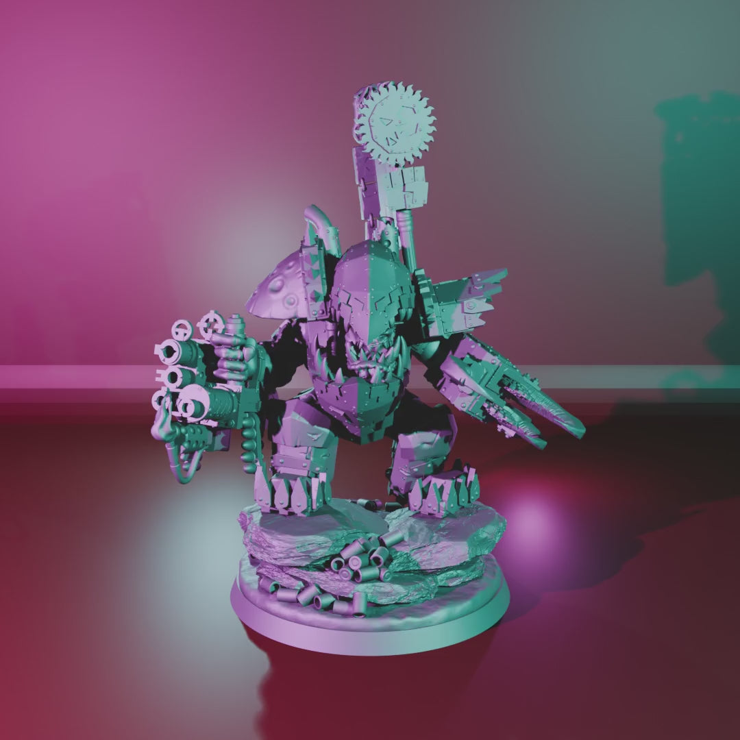 Big Boss in Mega Armour by Mekka Miniatures turntable: klaw, big shoota, helmet, both shoulder pads and back banner on the 60mm sculpted base