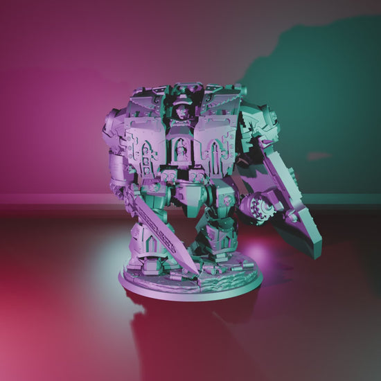 Omega War Hulk by Ghamak turntable, sword-and-shield loadout on the 80mm scenic base