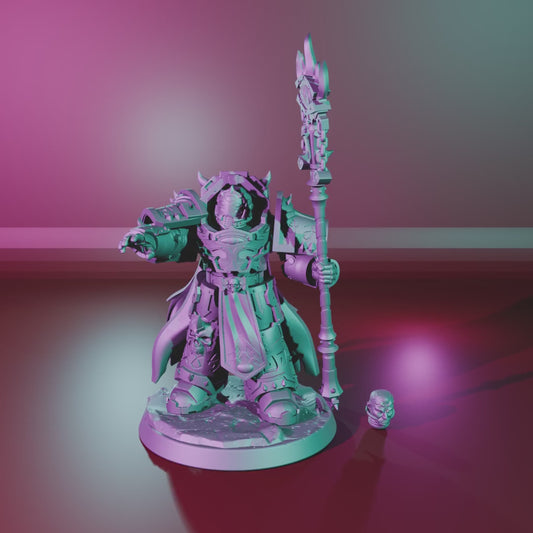 Exterminator Warlock 3 – 360° turntable, assembled warlock on base, with alternate head alongside