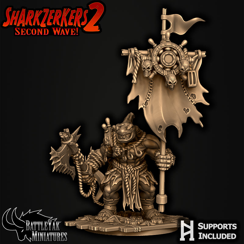 Sharkzerker Banner-Bearer by Battle Yak – banner with wheel icon in one hand, axe in the other, on his 50 mm base
