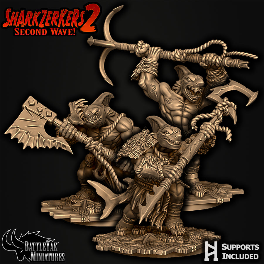 Sharkzerker Great-Weapon Pack by Battle Yak – the three great-weapon warriors with great axe, anchor and hook harpoon on their 50 mm bases