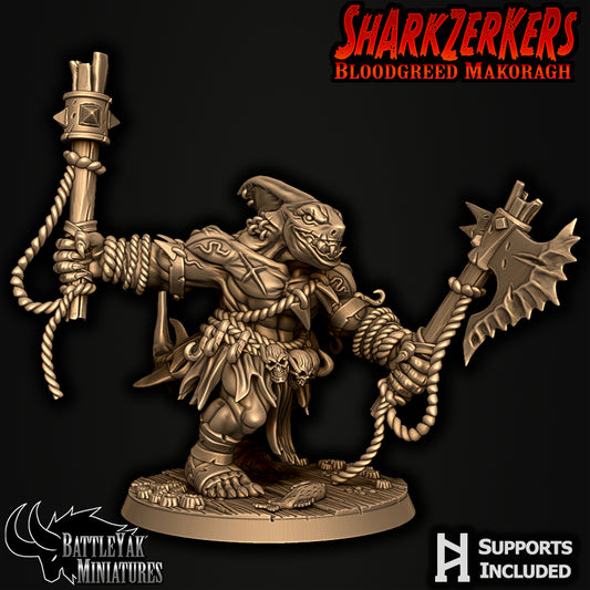 Sharkzerker Warrior Pack by Battle Yak – Warrior C with club and axe on his 50 mm base