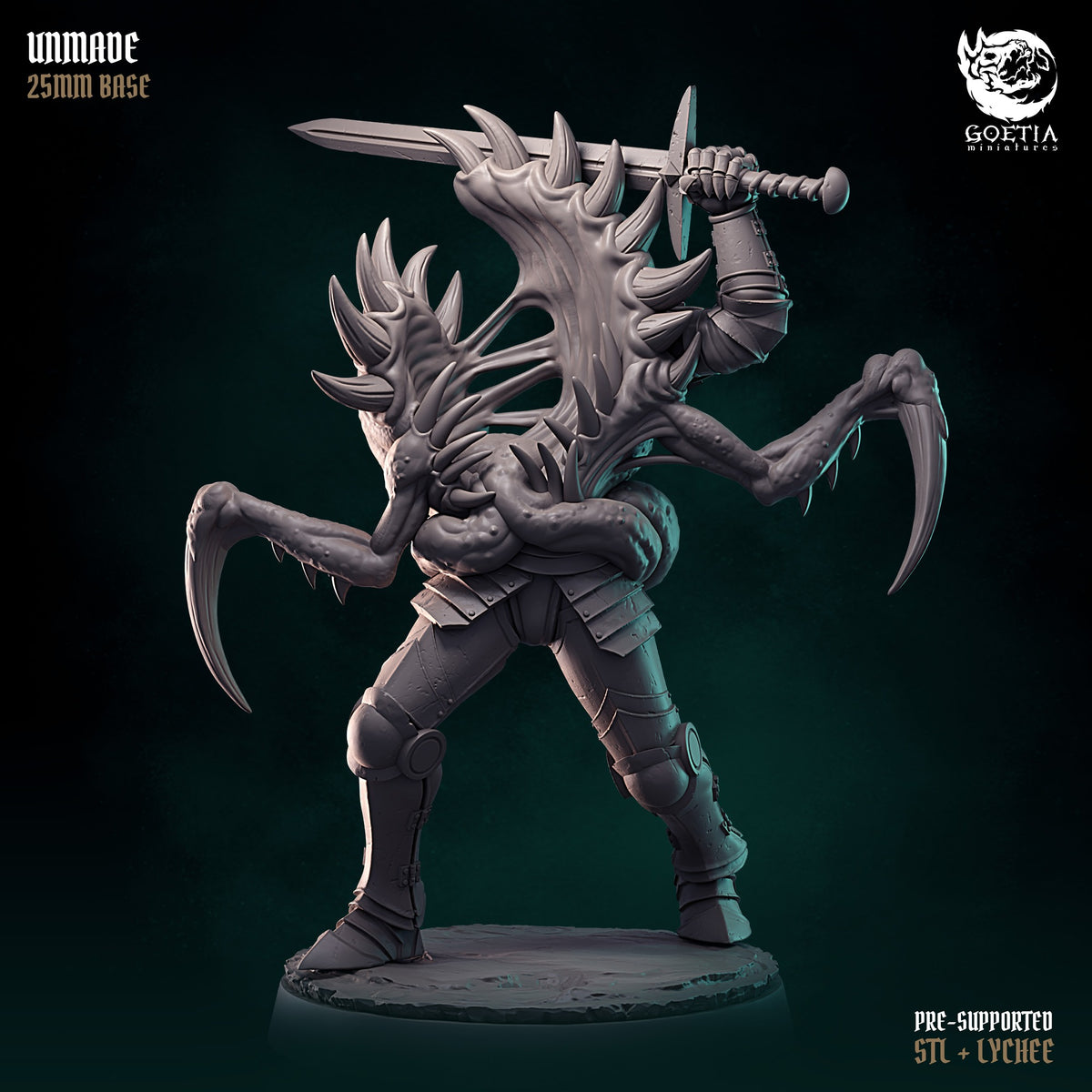 Cult of Madness: Unmade by Goetia Miniatures – armoured legs, unravelled spined flesh, hooked claws and a raised sword