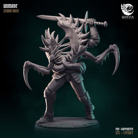 Cult of Madness: Unmade by Goetia Miniatures – armoured legs, unravelled spined flesh, hooked claws and a raised sword